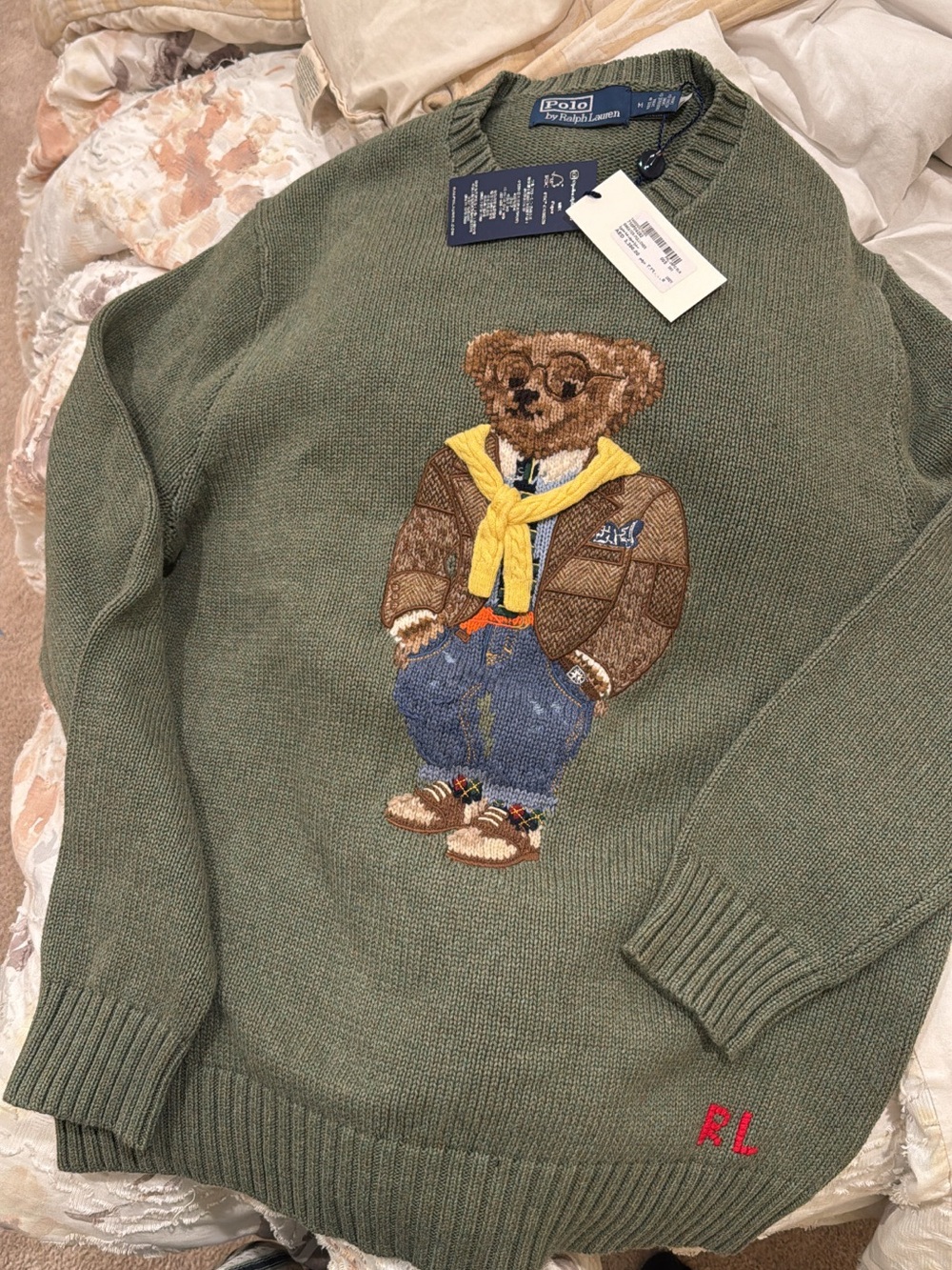 Ralph Lauren Olive Green Crewneck Sweater with Polo Bear